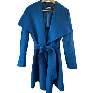 Lands End Blue Wool Blend Wrap Coat Belted Shawl Collar Coat Womens 4